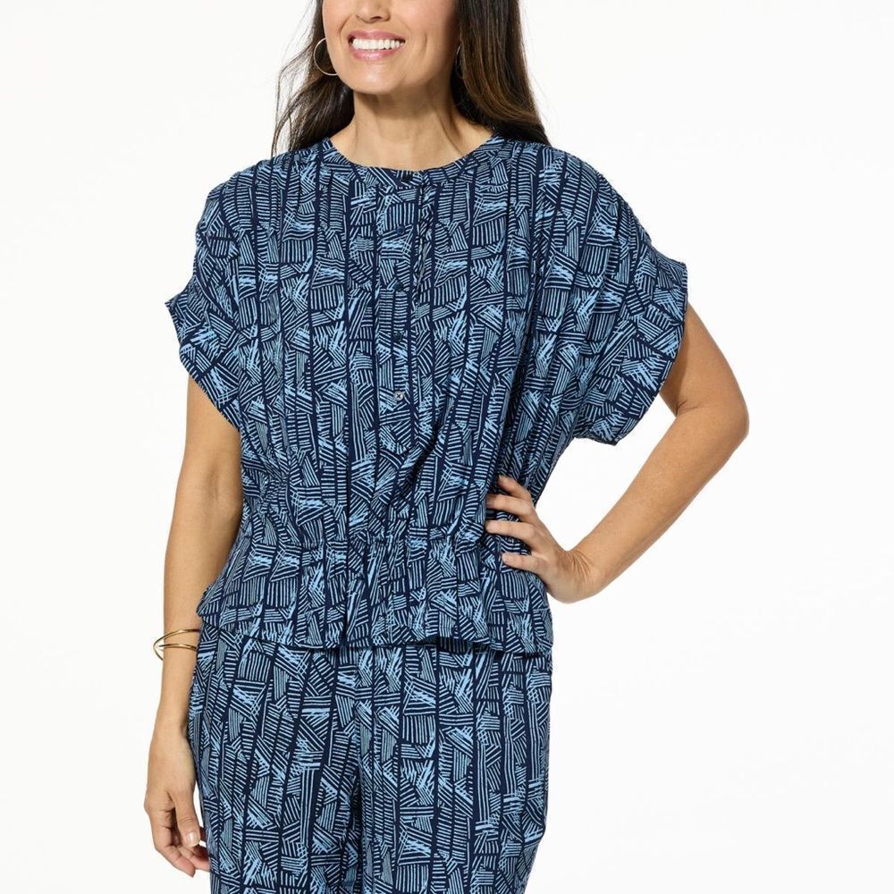 G By Guiliana Gathered Dolman-Sleeve Top Indigo Combo S NWT IN PACKAGE